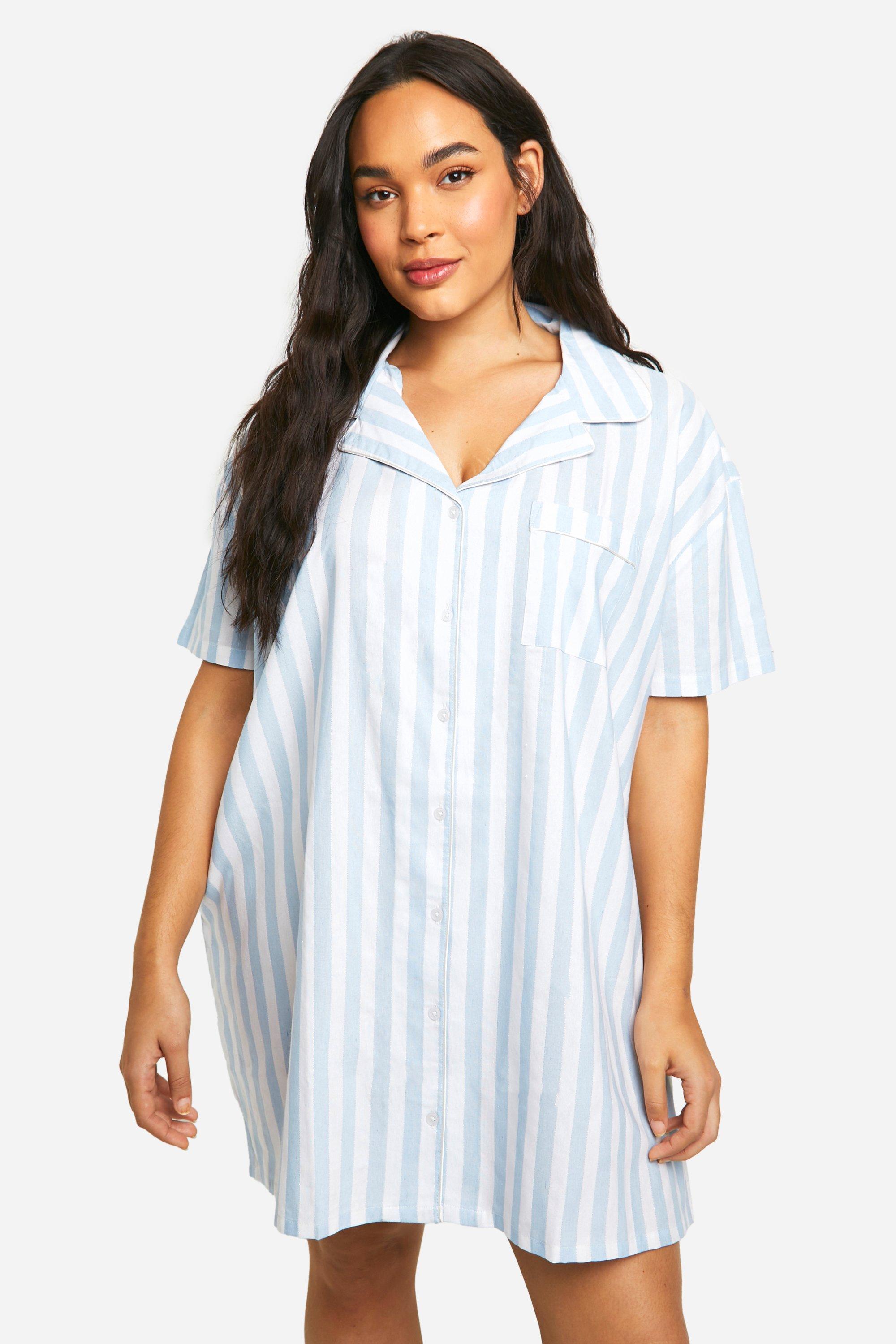 Womens Plus Short Sleeve Cotton Stripe Nightshirt - Blue - 28, Blue